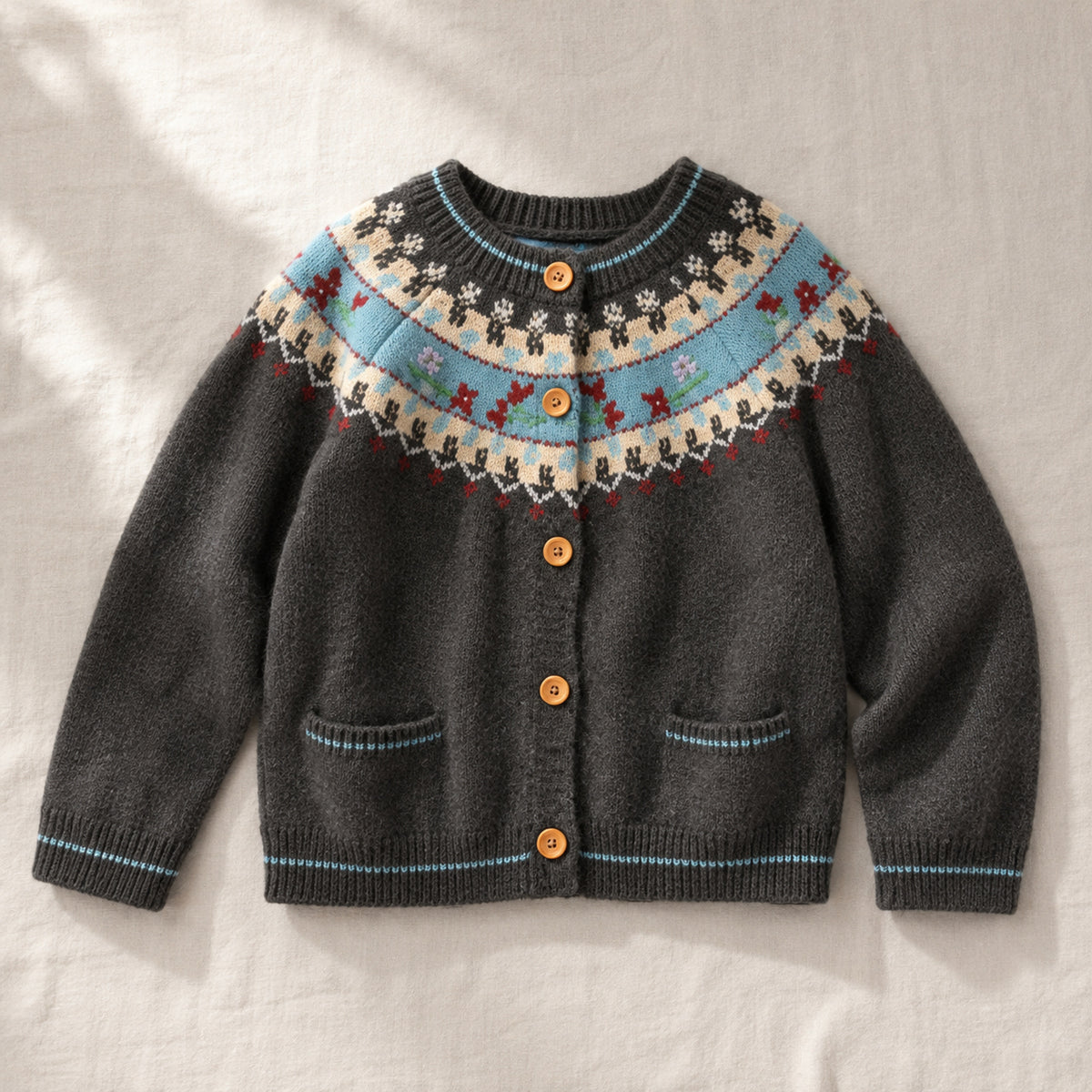 Girls' charcoal gray retro Fair Isle knit cardigan front view
