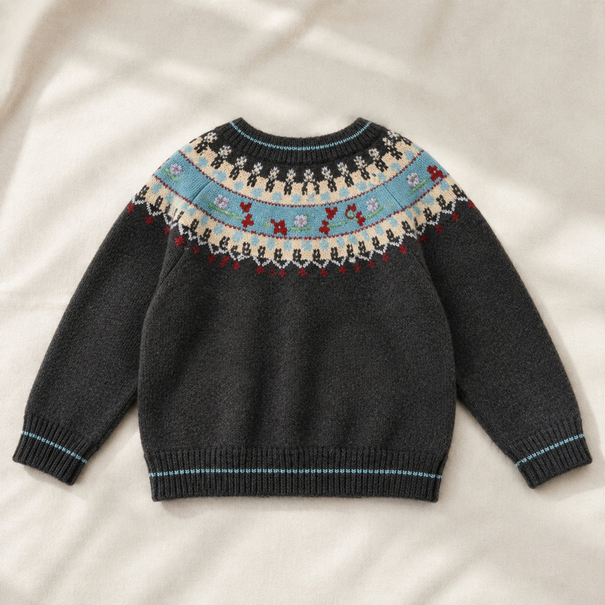 Girls' charcoal gray retro Fair Isle knit cardigan back view