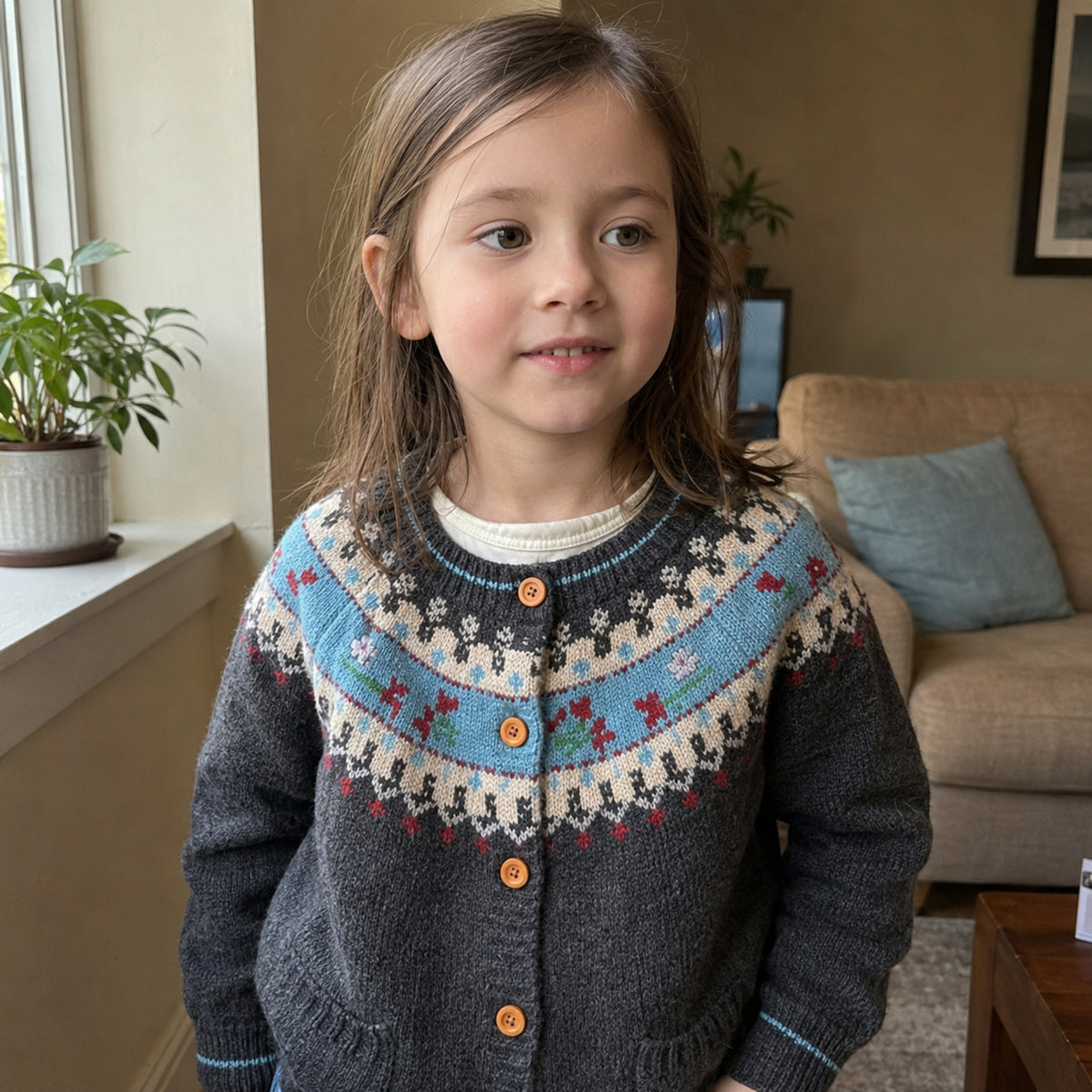 Girl wearing charcoal gray retro Fair Isle knit cardigan at home