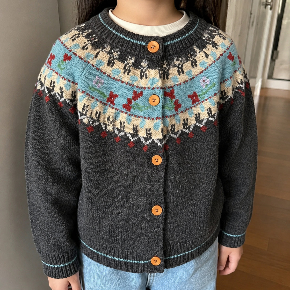 Girls' charcoal gray retro knit cardigan front fit