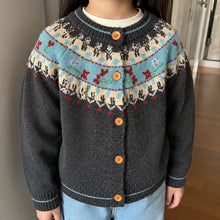 Girls Fair Isle Knit Cardigan, Retro Charcoal Gray