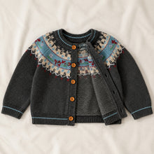 Girls Fair Isle Knit Cardigan, Retro Charcoal Gray