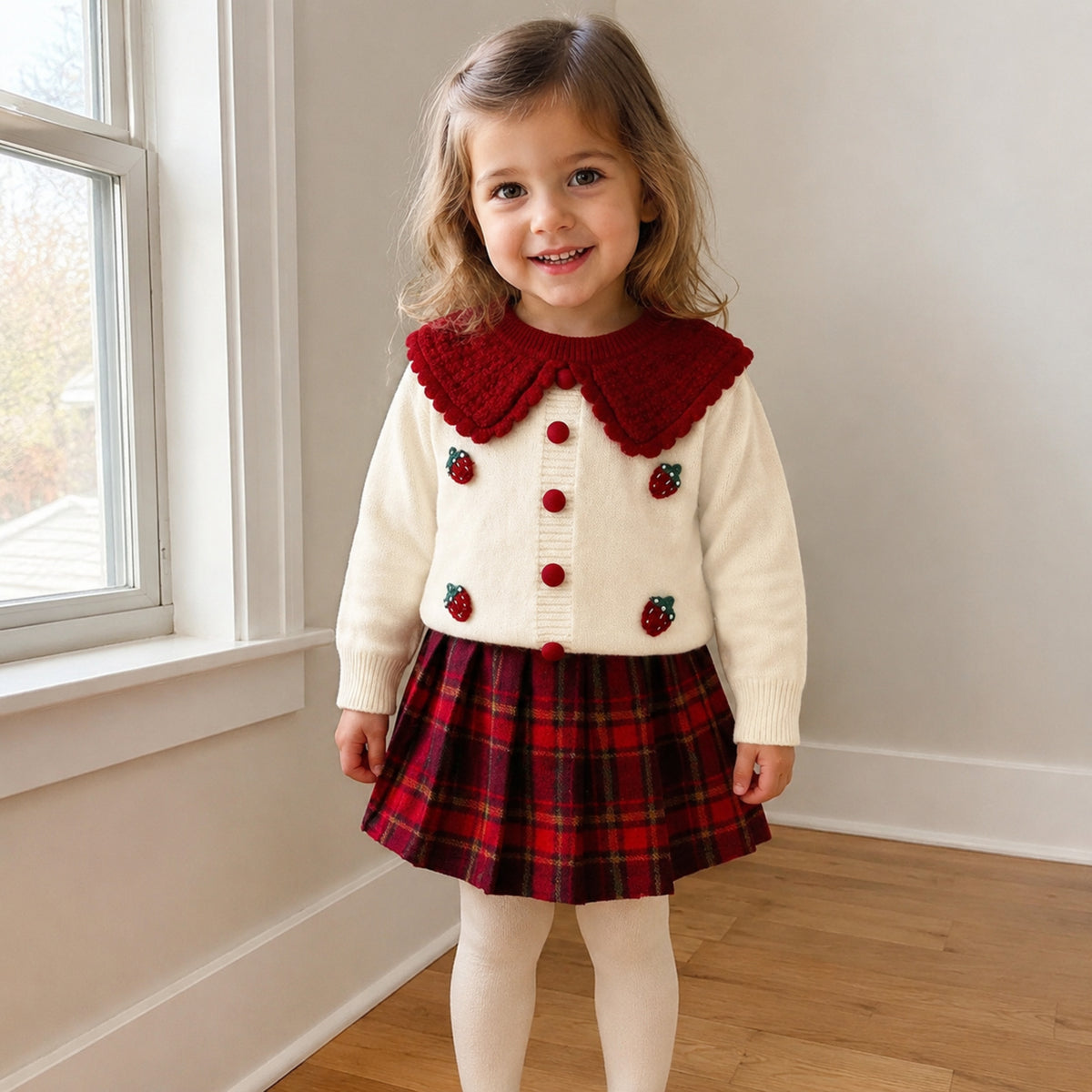 Girls ivory strawberry knit cardigan and red tartan skirt set worn indoors