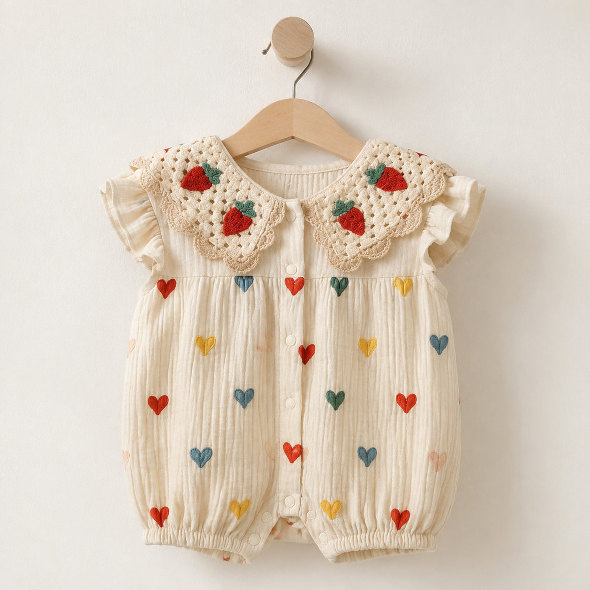 Cream heart-print baby romper with strawberry crochet collar hanging in a nursery