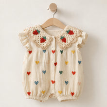 Baby Heart Print Cotton Bubble Romper with Strawberry Crochet Collar