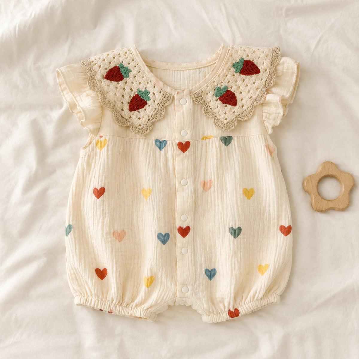 Cream heart-print baby romper displayed beside a wooden teether