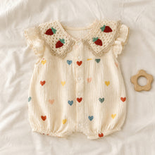 Baby Heart Print Cotton Bubble Romper with Strawberry Crochet Collar