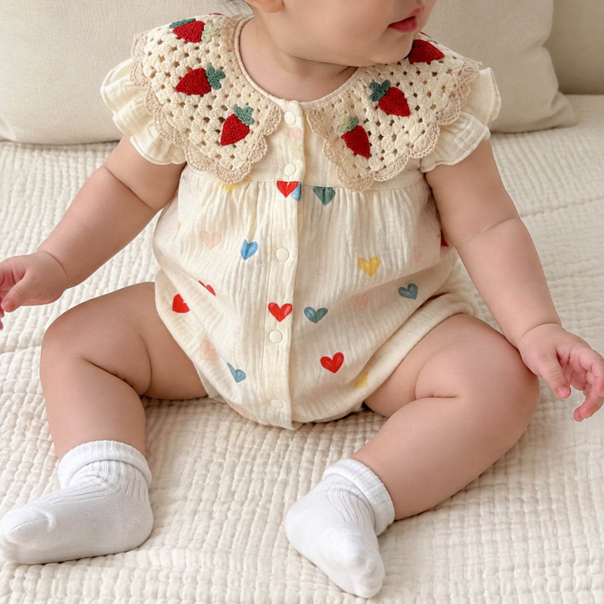Baby wearing the cream heart romper with strawberry crochet collar