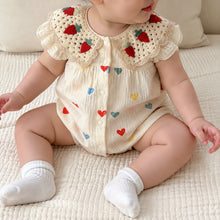 Baby Heart Print Cotton Bubble Romper with Strawberry Crochet Collar