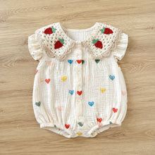 Baby Heart Print Cotton Bubble Romper with Strawberry Crochet Collar