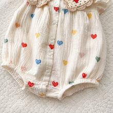 Baby Heart Print Cotton Bubble Romper with Strawberry Crochet Collar