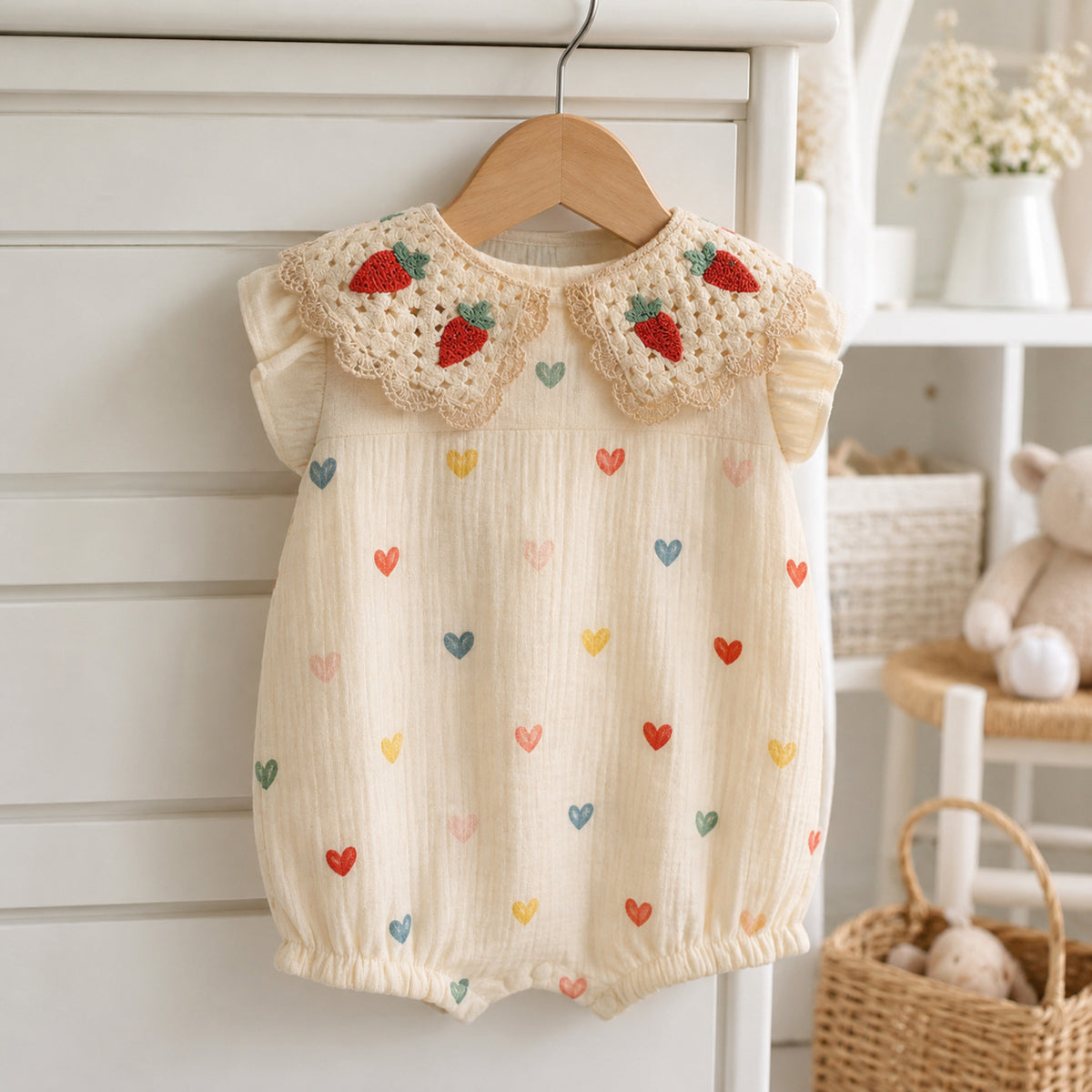 Back view of cream heart-print romper with crochet collar