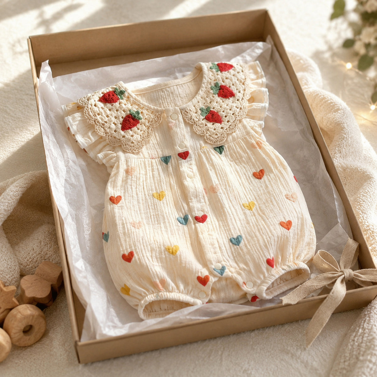 Heart-print strawberry collar romper in a simple kraft gift box