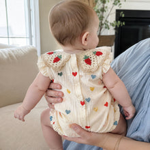 Baby Heart Print Cotton Bubble Romper with Strawberry Crochet Collar