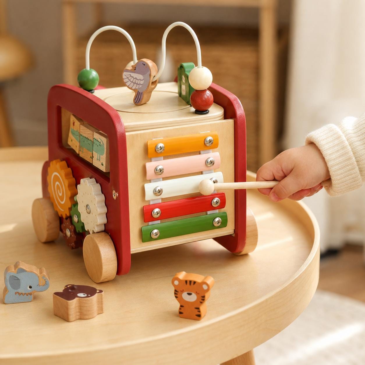 Montessori Wooden Bus Toy, 5 in 1 Activity Cube for Toddlers, Birthday Gift for Baby - wooden Montessori activity toy for toddlers and baby gifts
