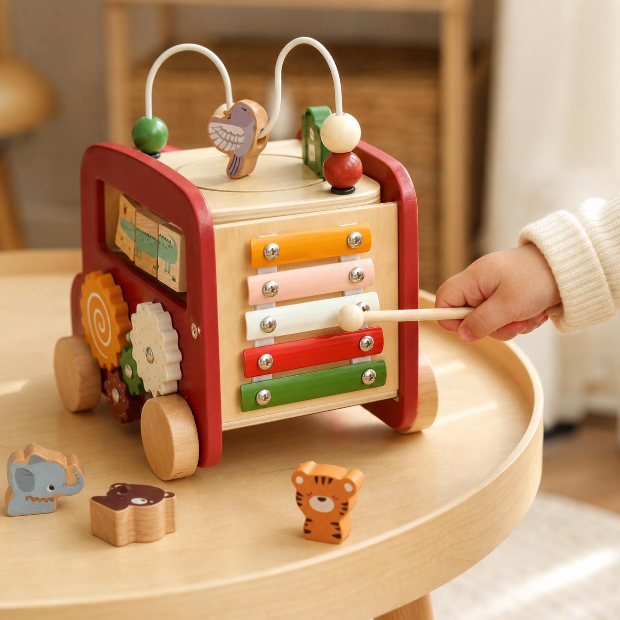 Wooden Activity Bus Toy, Montessori Toddler Busy Cube, 5 in 1 Animal Puzzle Baby Gift - wooden Montessori activity toy for toddlers and baby gifts