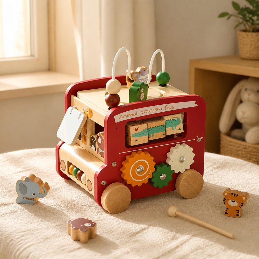 Wooden Activity Bus Toy, Montessori Toddler Busy Cube, 5 in 1 Animal Puzzle Baby Gift