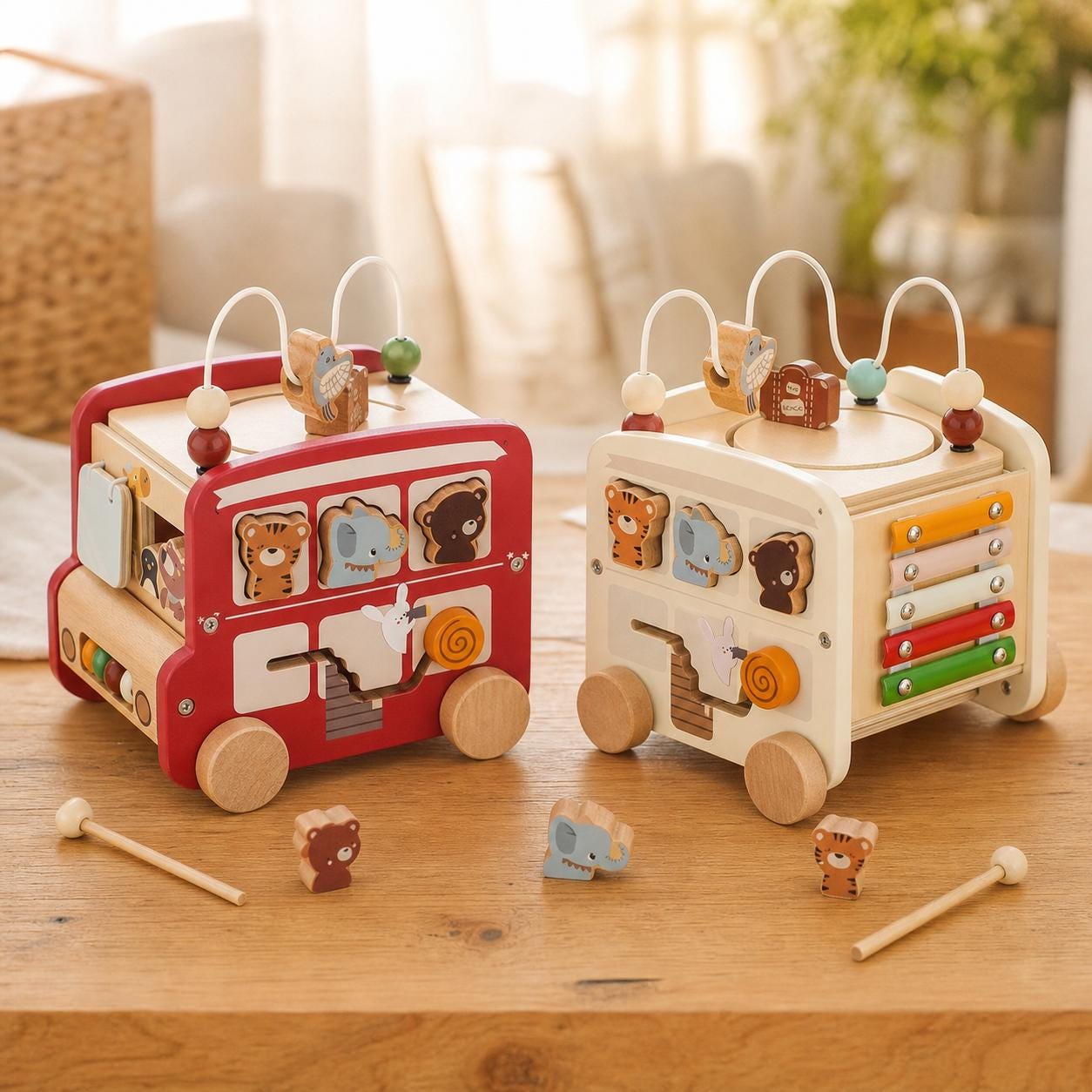Wooden Activity Bus Toy, Montessori Toddler Busy Cube, 5 in 1 Animal Puzzle Baby Gift - wooden Montessori activity toy for toddlers and baby gifts