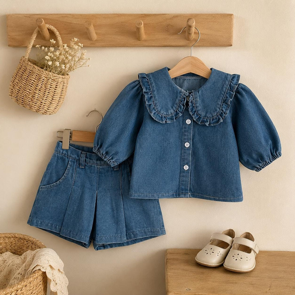 Blue Denim Ruffle Collar Toddler Outfit, Baby Girl Set