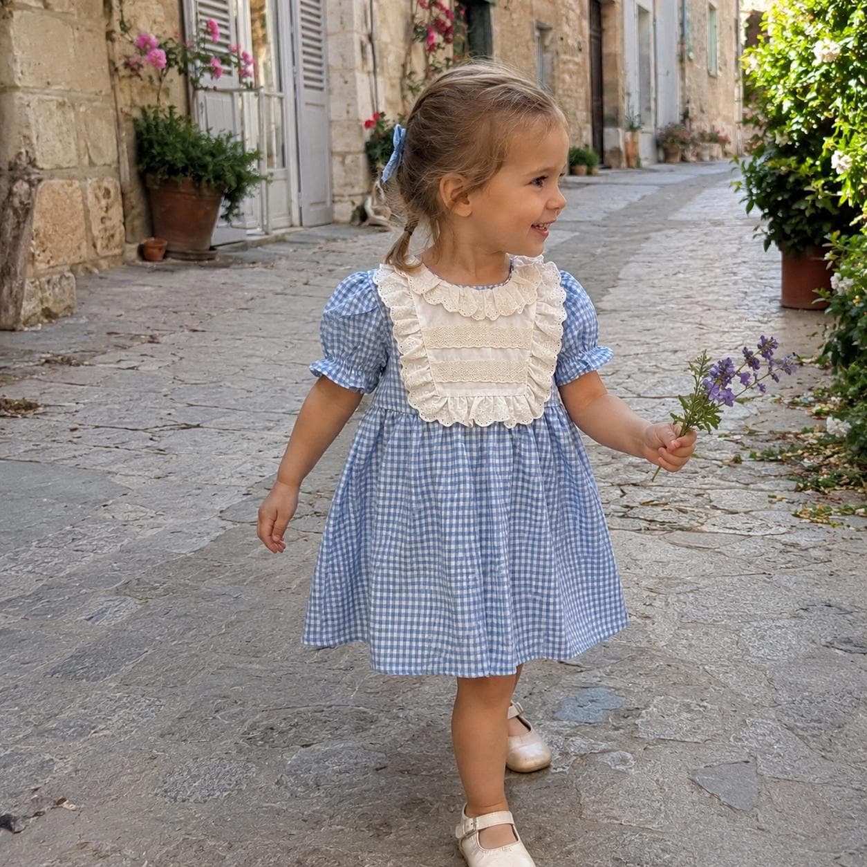 Blue Gingham Baby Romper & Dress, Sweet Lace Ruffle Outfit detail image 10