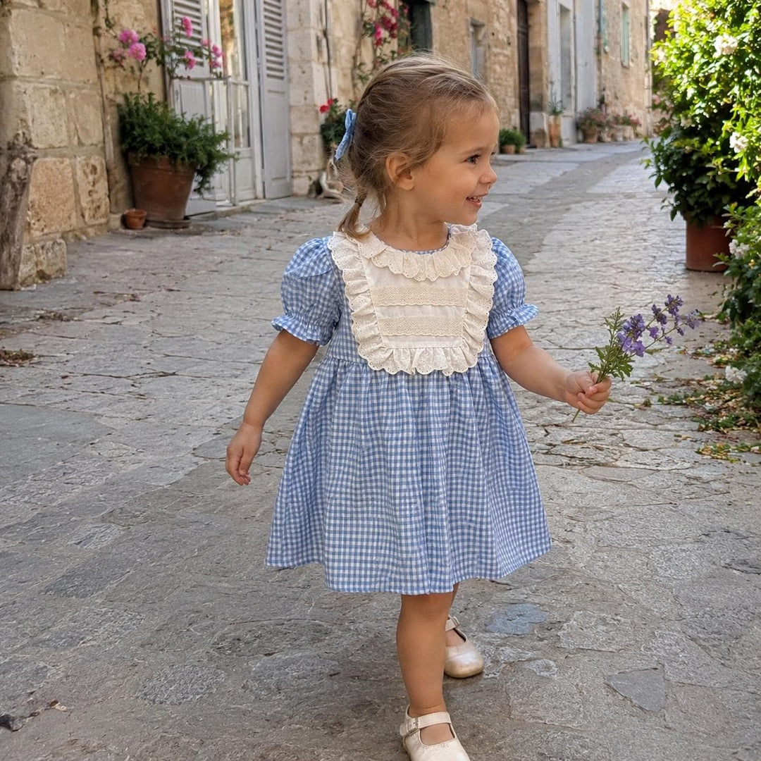 Baby Girl Blue Gingham Romper Dress, Lace Ruffle Outfit detail image 10