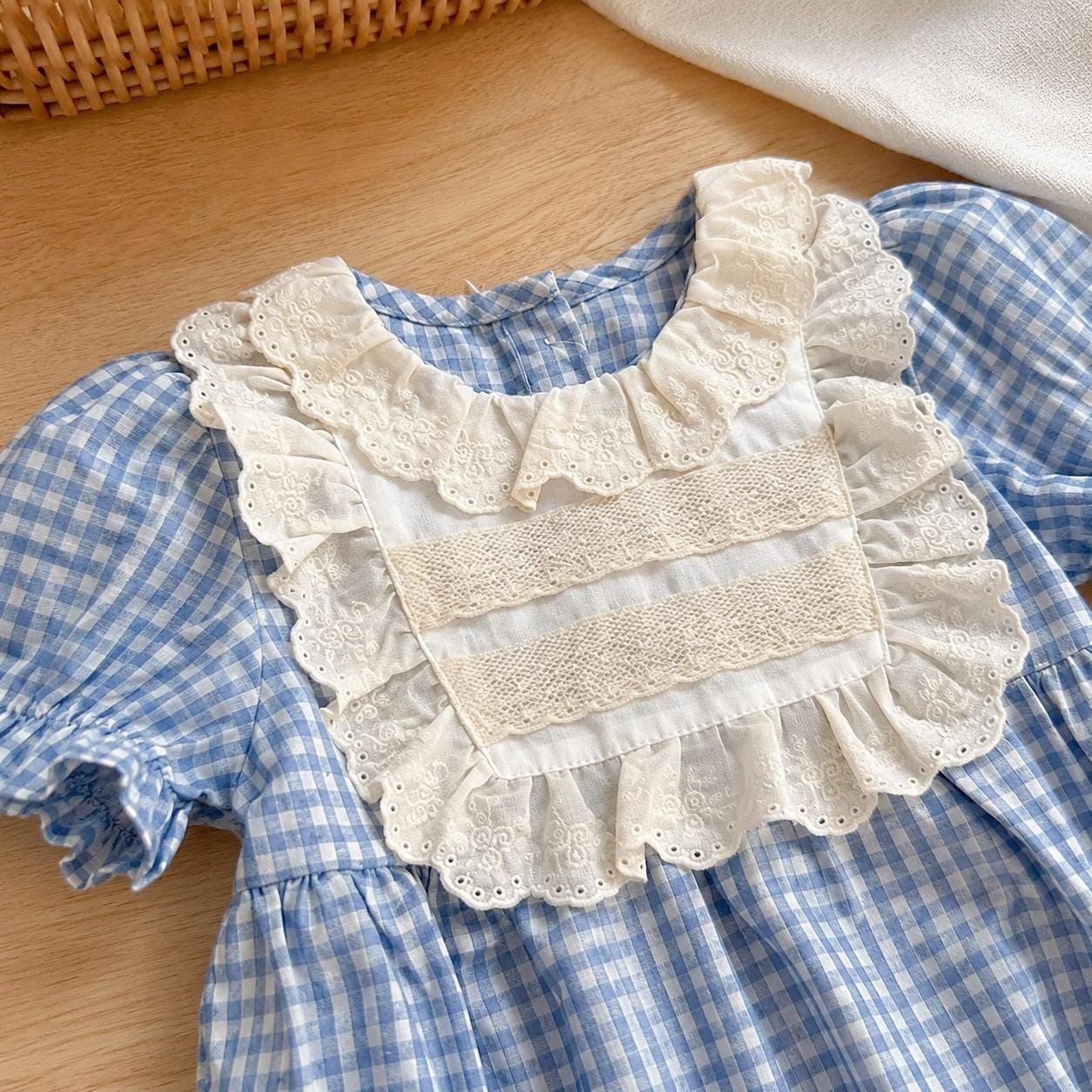 Baby Girl Blue Gingham Romper Dress, Lace Ruffle Outfit detail image 9