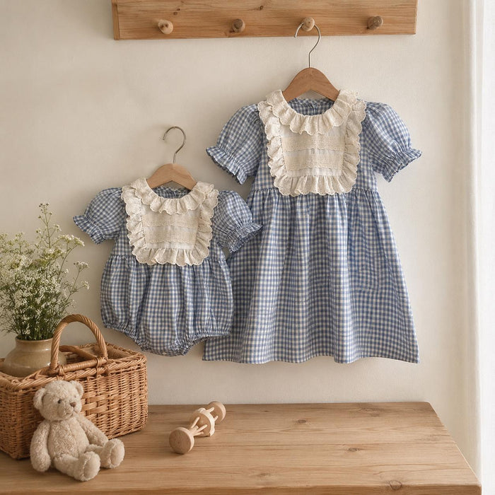Baby Girl Blue Gingham Romper Dress, Lace Ruffle Outfit