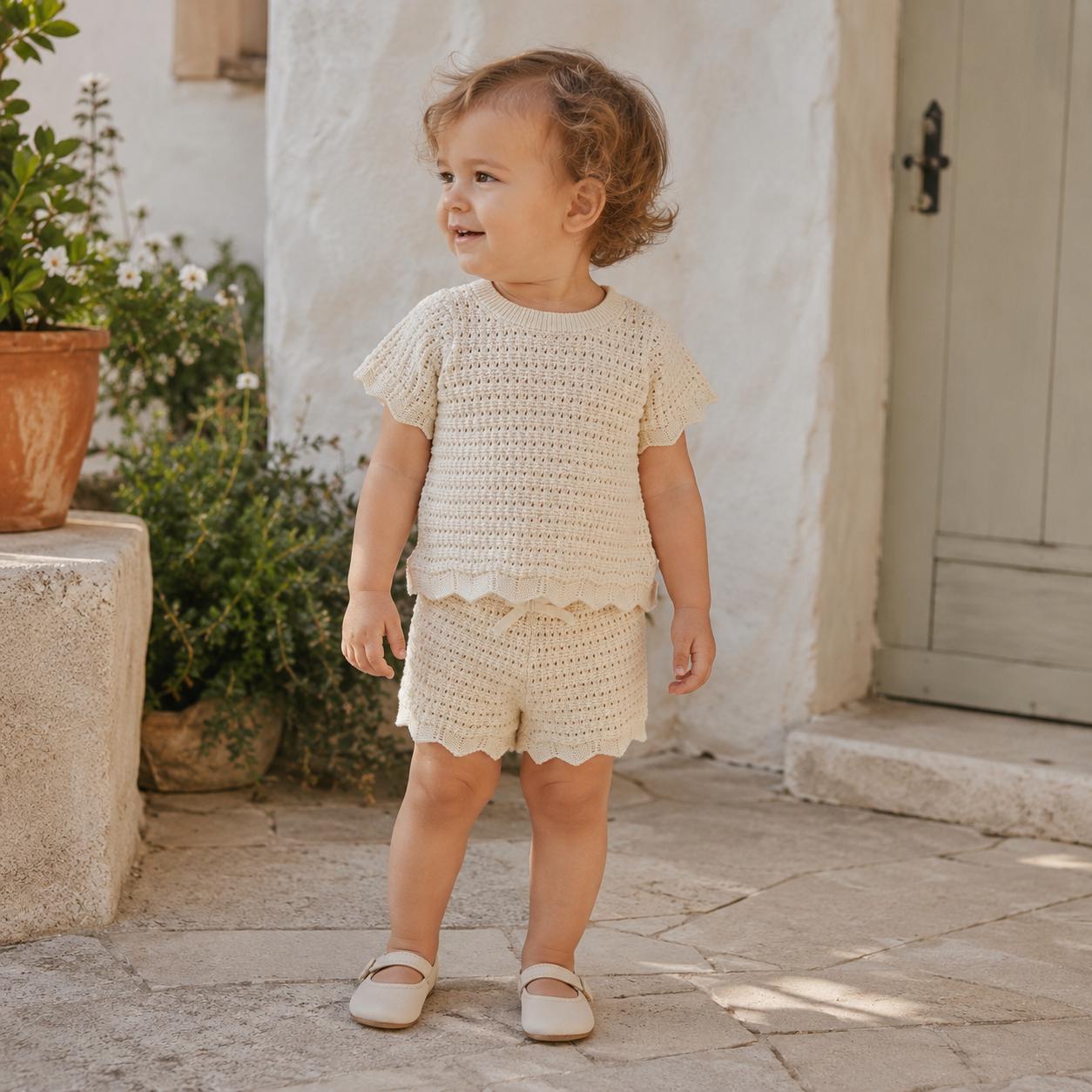 Hand Knotted Apricot Cream Knit Baby Shorts Set, Unisex Toddler Summer Outfit, Cotton Bow Detail