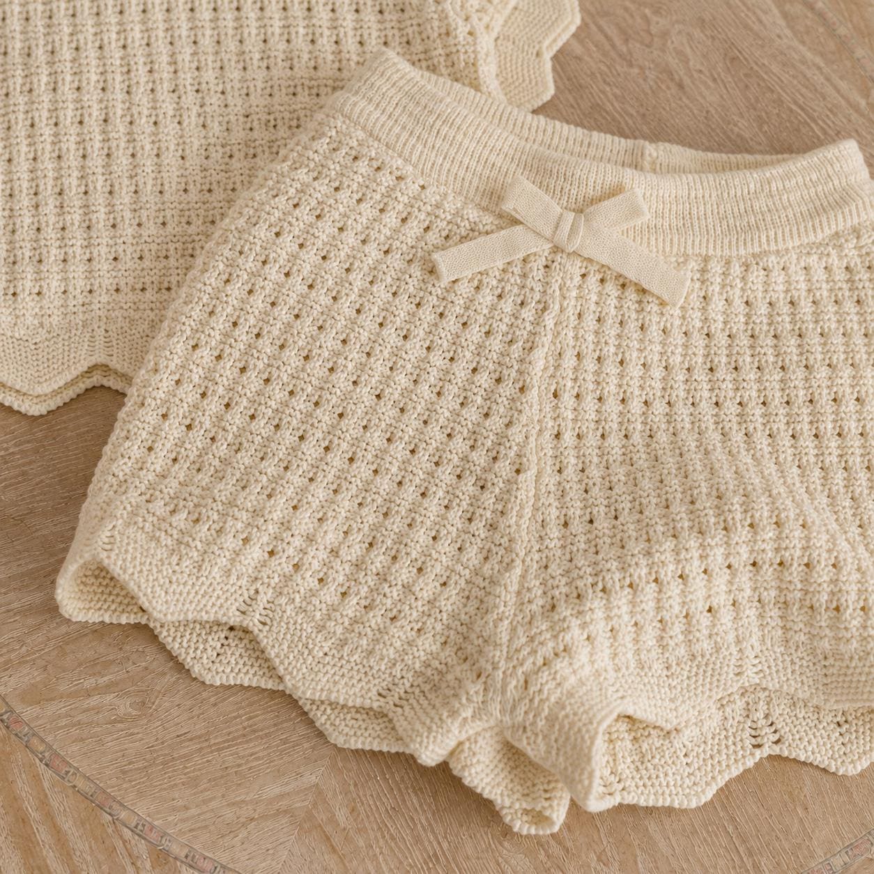Hand Knotted Apricot Cream Knit Baby Shorts Set, Unisex Toddler Summer Outfit, Cotton Bow Detail