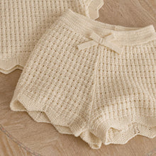 Hand Knotted Apricot Cream Knit Baby Shorts Set, Unisex Toddler Summer Outfit, Cotton Bow Detail