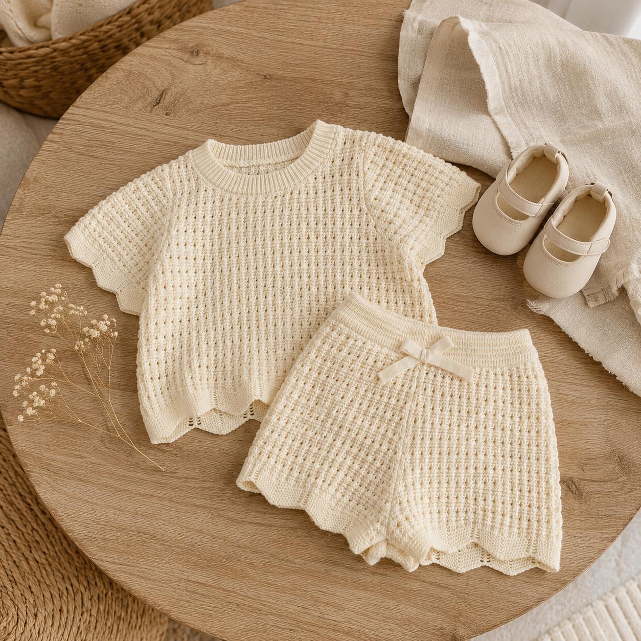 Hand Knotted Apricot Cream Knit Baby Shorts Set, Unisex Toddler Summer Outfit, Cotton Bow Detail