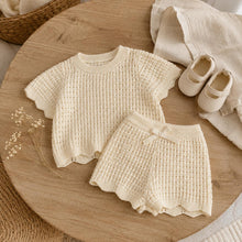 Hand Knotted Apricot Cream Knit Baby Shorts Set, Unisex Toddler Summer Outfit, Cotton Bow Detail