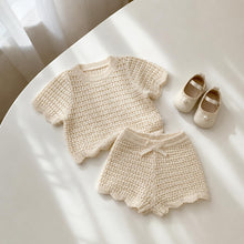 Hand Knotted Apricot Cream Knit Baby Shorts Set, Unisex Toddler Summer Outfit, Cotton Bow Detail