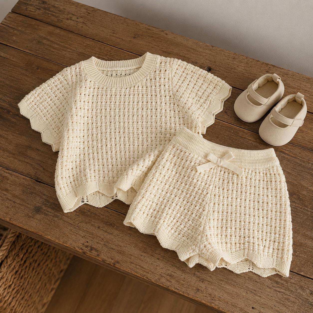Hand Knotted Apricot Cream Knit Baby Shorts Set, Unisex Toddler Summer Outfit, Cotton Bow Detail