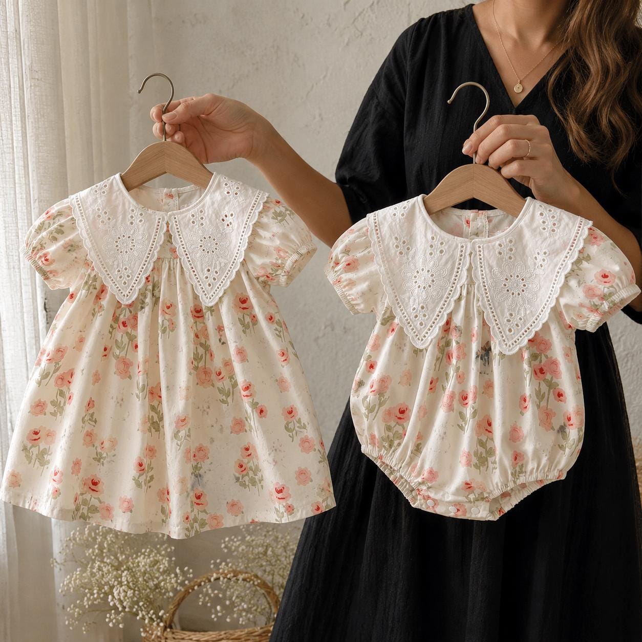 Baby Girl Summer Floral Romper, Cotton Lace Collar Outfit with Bow, Korean Style Baby Clothes, Birthday Gift