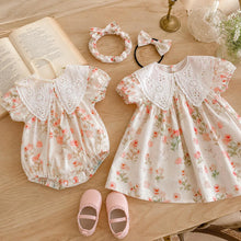 Baby Girl Summer Floral Romper, Cotton Lace Collar Outfit with Bow, Korean Style Baby Clothes, Birthday Gift