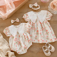 Baby Girl Summer Floral Romper, Cotton Lace Collar Outfit with Bow, Korean Style Baby Clothes, Birthday Gift