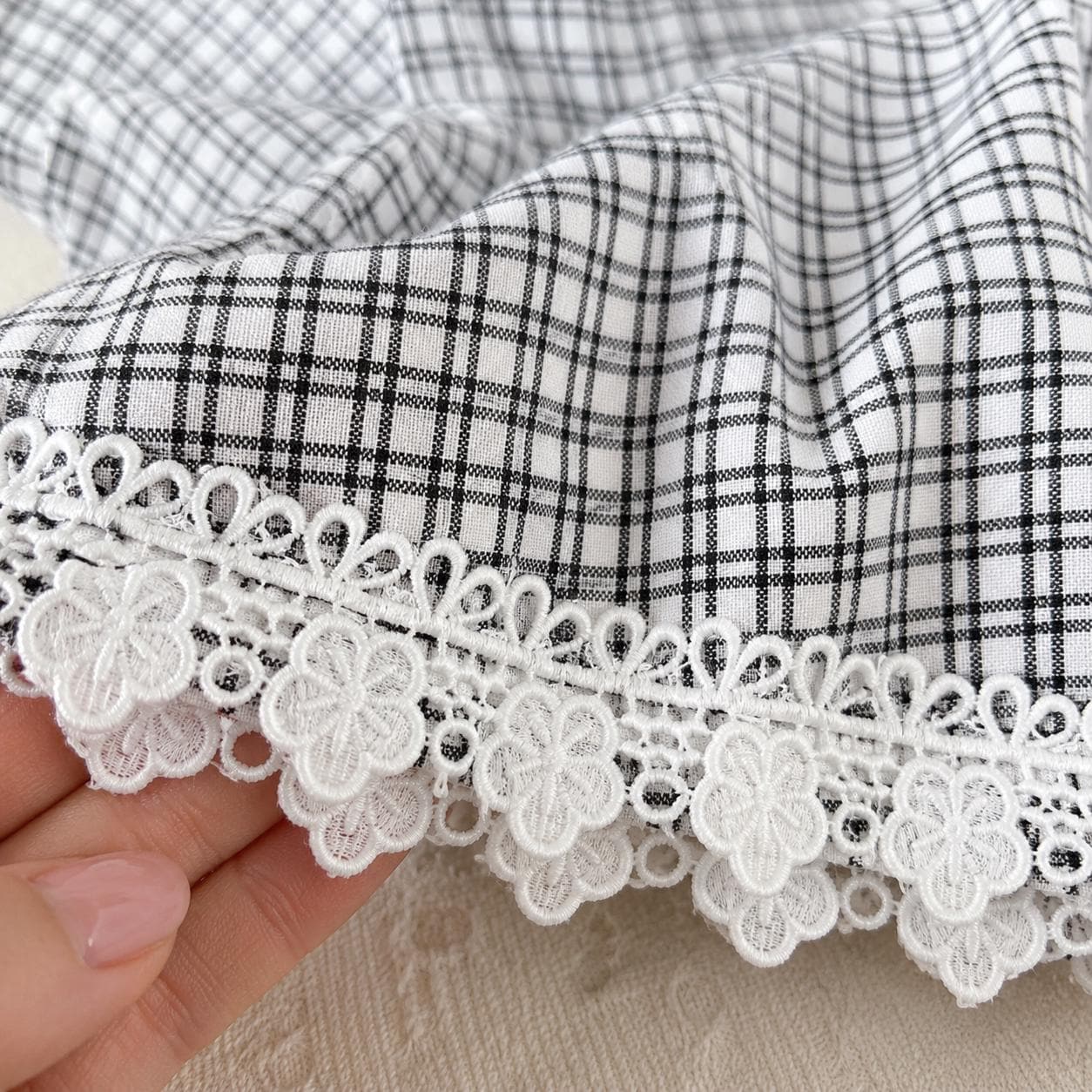 Baby Girl Plaid Two Piece Outfit, Cotton Sleeveless Top & Shorts Set, Lace Trim Korean Style Summer Toddler Clothes Gift