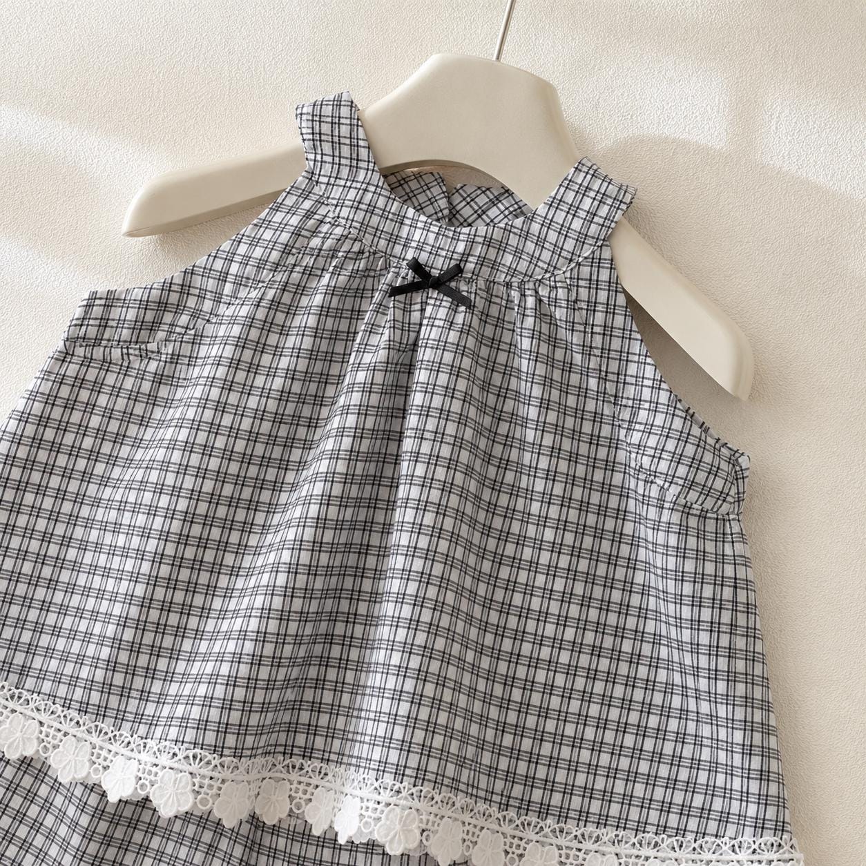 Baby Girl Plaid Two Piece Outfit, Cotton Sleeveless Top & Shorts Set, Lace Trim Korean Style Summer Toddler Clothes Gift