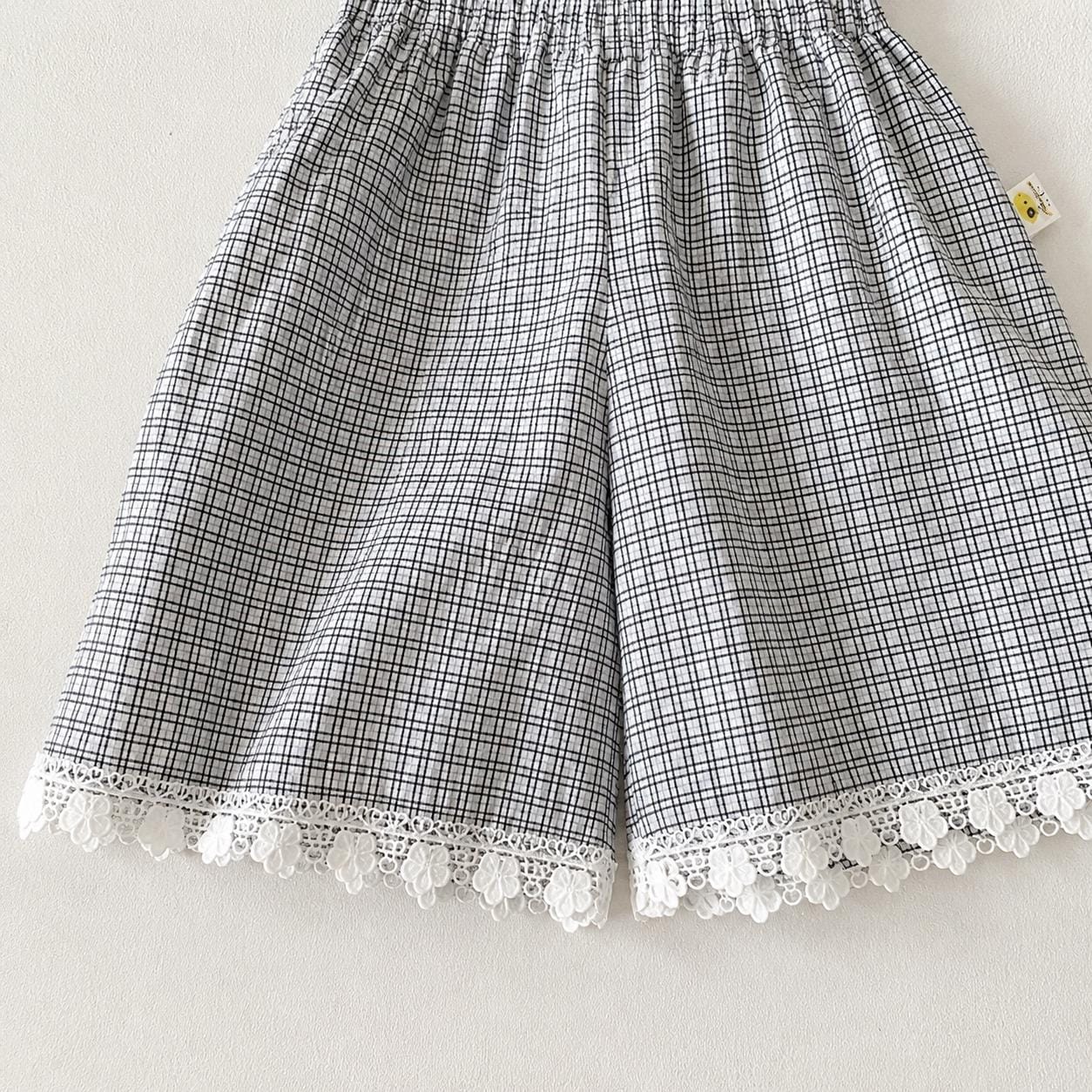 Baby Girl Plaid Two Piece Outfit, Cotton Sleeveless Top & Shorts Set, Lace Trim Korean Style Summer Toddler Clothes Gift