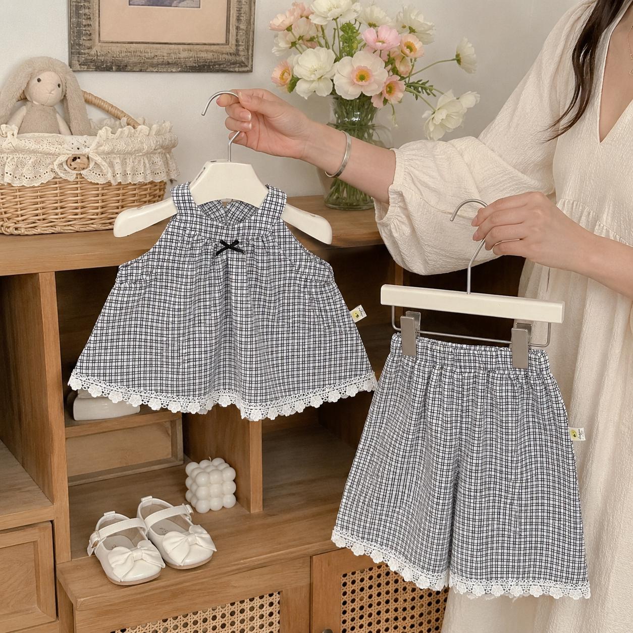Baby Girl Plaid Two Piece Outfit, Cotton Sleeveless Top & Shorts Set, Lace Trim Korean Style Summer Toddler Clothes Gift