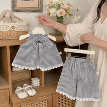 Baby Girl Plaid Two Piece Set, Cotton Sleeveless Top Shorts, Lace Trim Korean Toddler