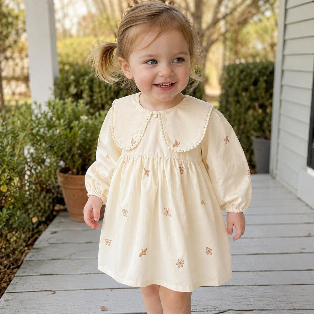 Baby Girl Cotton Dress, Peter Pan Collar, Butterfly Embroidery, Long Sleeve Toddler 1st Birthday