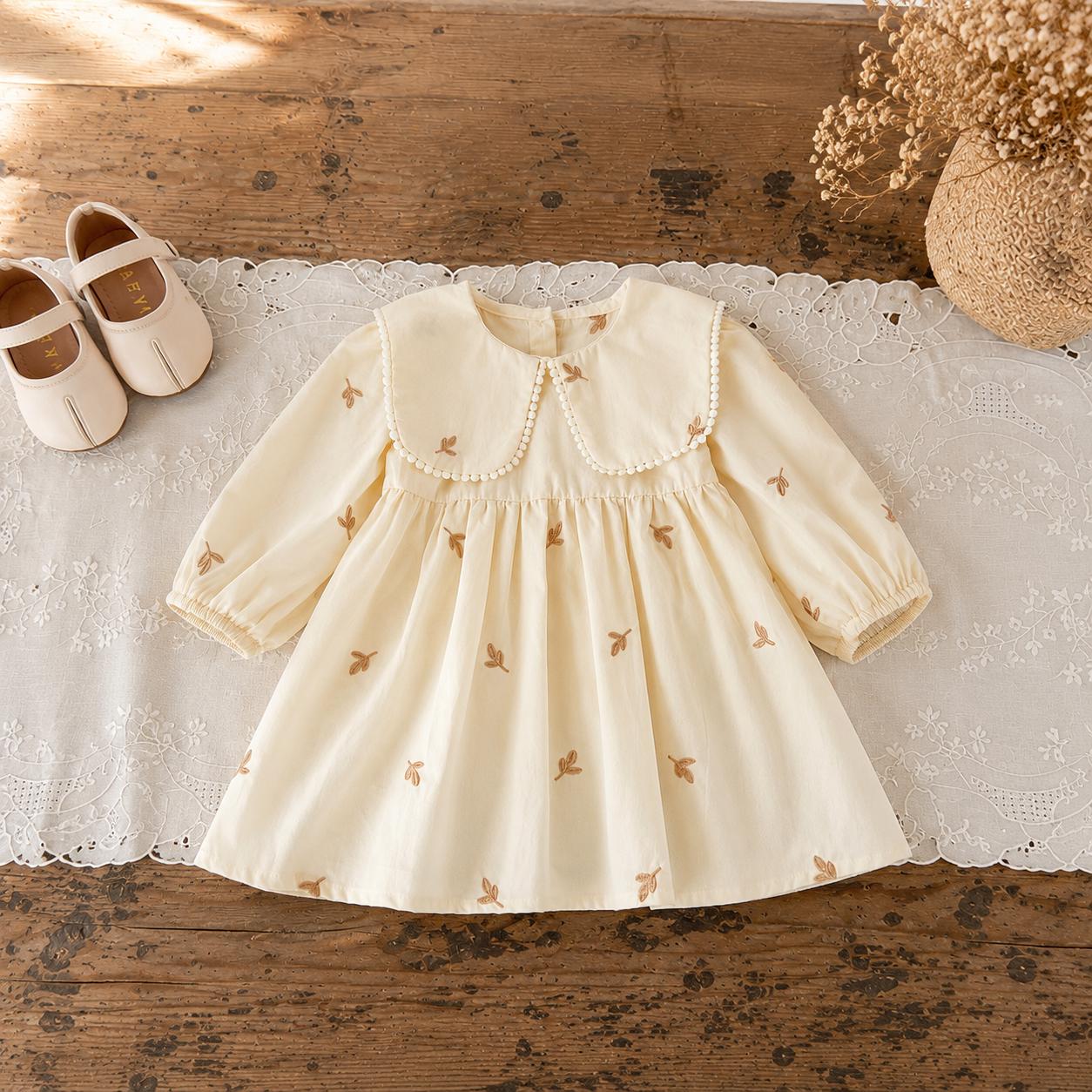 Baby Girl Embroidered Dress, Peter Pan Collar Long Sleeve Cotton Toddler Dress, Butterfly & Leaves, 1st Birthday Gift
