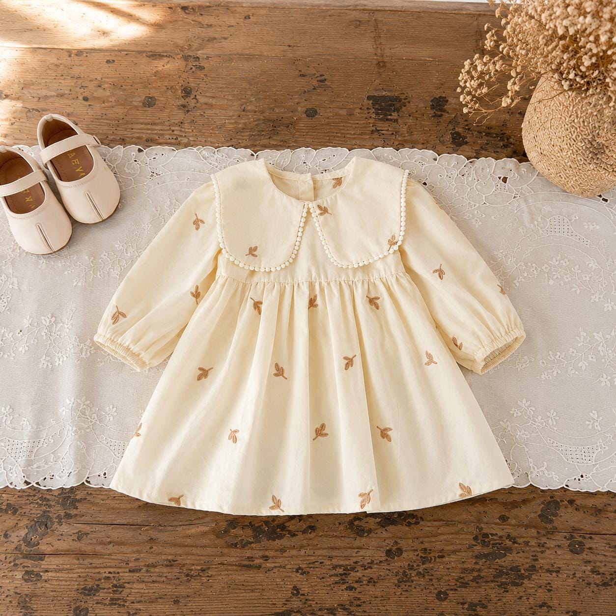 Baby Girl Cotton Dress, Peter Pan Collar, Butterfly Embroidery, Long Sleeve Toddler 1st Birthday