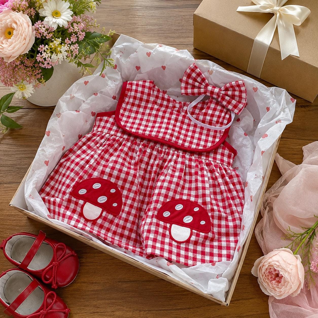 Baby Girl Red Gingham Romper Dress with Mushroom Embroidery, Cotton Sleeveless Summer Outfit, Cute Baby Shower Gift - BloomKnit Baby product photo 5