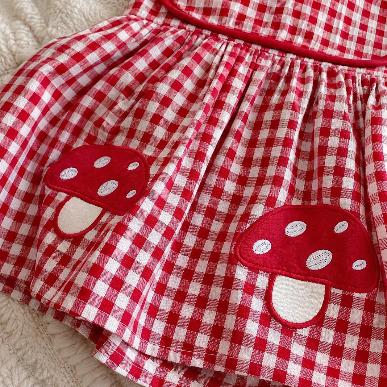 Baby Girl Red Gingham Romper Dress with Mushroom Embroidery, Cotton Sleeveless Summer Outfit, Cute Baby Shower Gift - BloomKnit Baby product photo 9