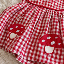 Baby Girl Red Gingham Romper Dress with Mushroom Embroidery, Cotton Sleeveless Summer Outfit, Cute Baby Shower Gift