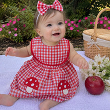 Baby Girl Red Gingham Romper Dress with Mushroom Embroidery, Cotton Sleeveless Summer Outfit, Cute Baby Shower Gift