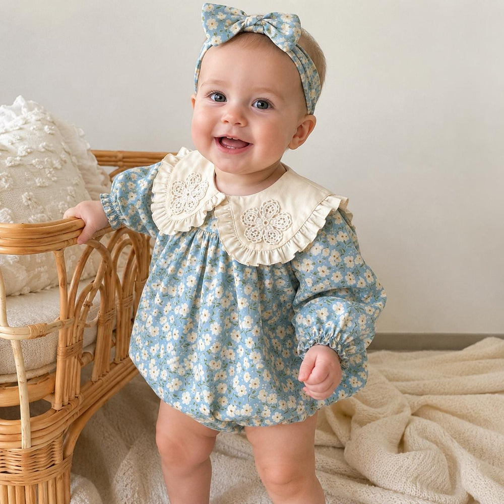 Blue Floral Baby Girl Dress & Romper, Cotton Lace Collar Outfit, Long Sleeve Spring Fall Toddler Birthday Gift